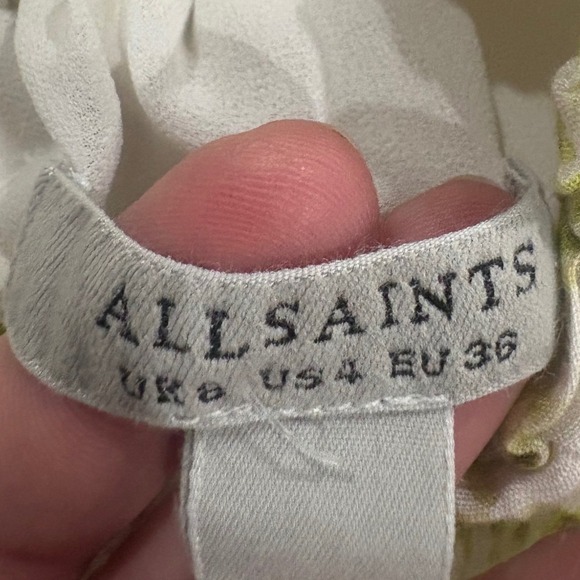 AllSaints Rhys Amanzi Green Floral Mock Neck Padded Shoulder Mini Dress Size 4 - Picture 10 of 11